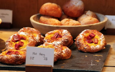 Close-up of pastries on display