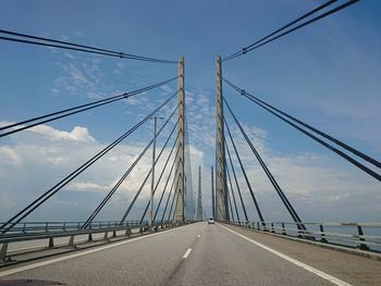 Low angle view of suspension bridge against sky