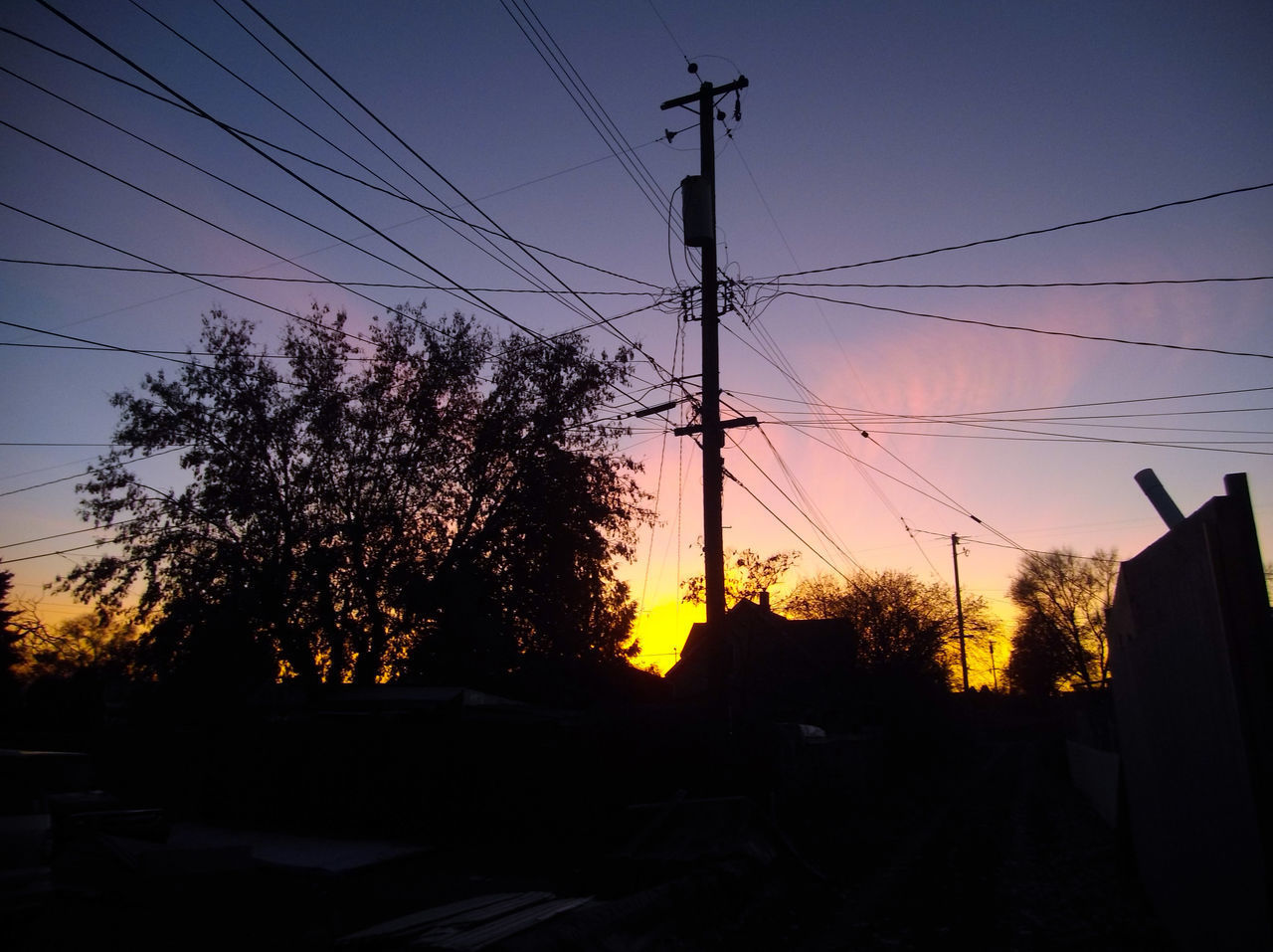 LOW ANGLE VIEW OF SILHOUETTE TREES AND ELECTRICITY PYLON AGAINST SKY