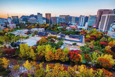 High angle view of trees and buildings against sky