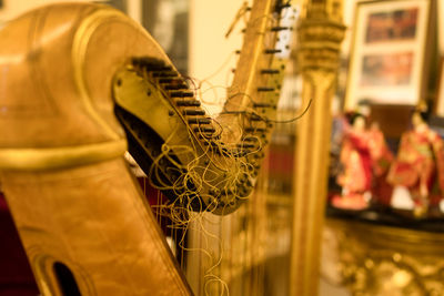 Close-up of musical harp equipment