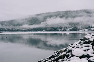 Scenic view of lake against sky during winter