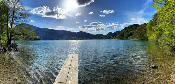 Scenic view of lake by mountains against sky