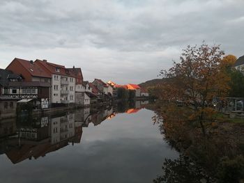 Reflection of buildings in lake against sky