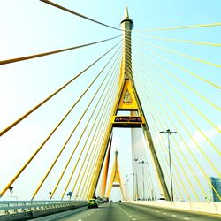 Low angle view of suspension bridge against sky