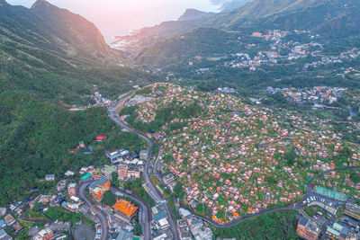 Aerial view mausoleum in jiufen hill side old town near taipei taiwan, famouse old market street