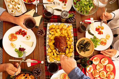 High angle view of meal served on table