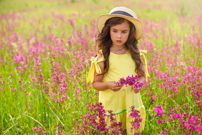 Thoughtful beautiful little girl walks in a field, holds a bouquet of burgundy viscaria flowers