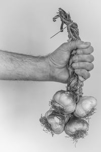 Close-up of man holding hand against white background