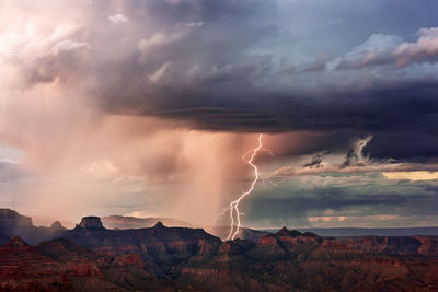 Lightning over mountains during sunset