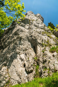 Low angle view of rocks against clear sky