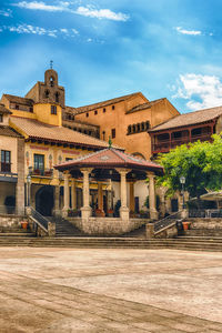 Plaza mayor, main square in poble espanyol on the montjuic hill in barcelona, catalonia, spain