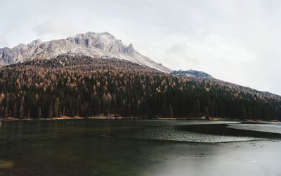 Scenic view of lake by snowcapped mountain against sky