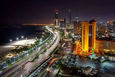 Abu dhabi corniche at night, view from the top. popular travel destination in the middle east.