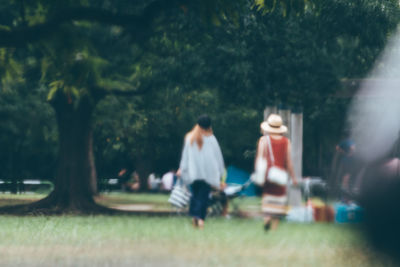 Rear view of people walking in park