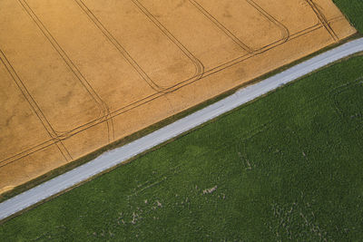 Aerial view of road through fields