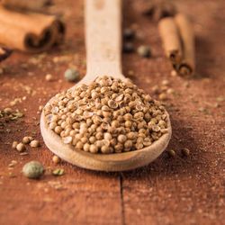 Close-up of coriander seeds in spoon with cinnamons on table