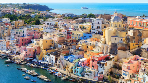 High angle view of city at seaside