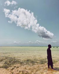 Rear view of man standing on field against sky