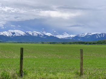 Scenic view of field and mountains against sky