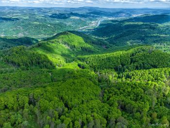 High angle view of landscape and mountains