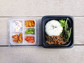 High angle view of meal served on table