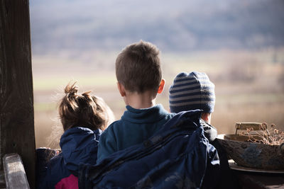 Rear view of siblings standing against field