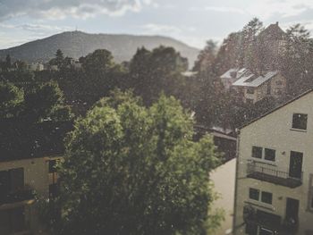 High angle view of trees and buildings against sky