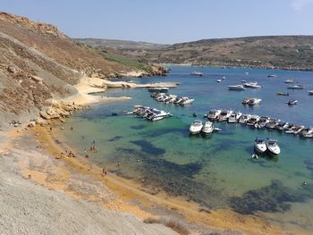 High angle view of boats in sea