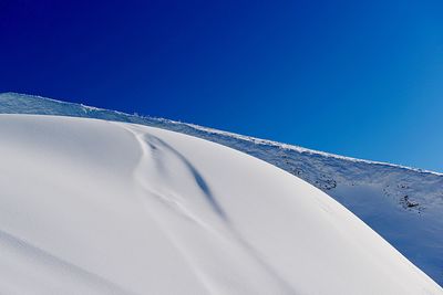 Snow covered mountain against clear blue sky