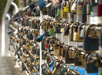 Close-up of padlocks hanging on railing