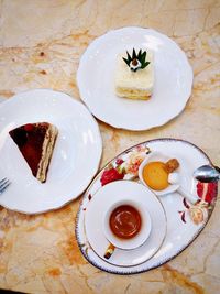 High angle view of breakfast served on table