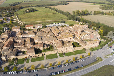 Panoramic side aerial view of the medieval town of buonconvento siena italy