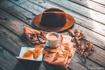 High angle view of breakfast on table