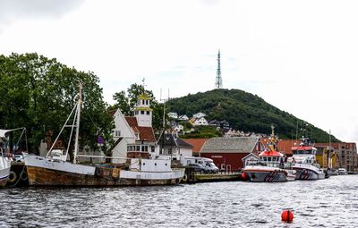 Boats in river with buildings in background