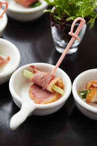 High angle view of food in plate on table