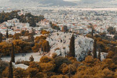 High angle view of townscape and trees in city