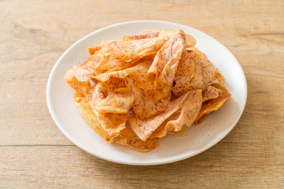 High angle view of food in plate on table