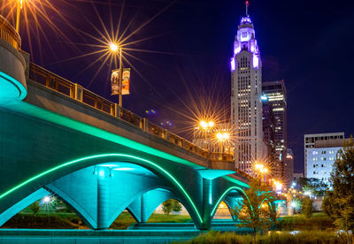 Illuminated bridge over buildings in city at night