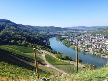 Scenic view of river amidst landscape against clear sky