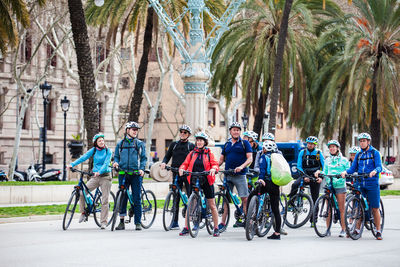 People riding bicycle on palm trees