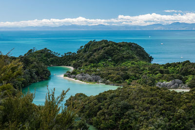 High angle view of bay against sky