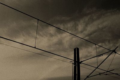 Low angle view of power lines against cloudy sky