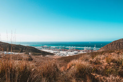 Panoramic shot of sea against clear blue sky