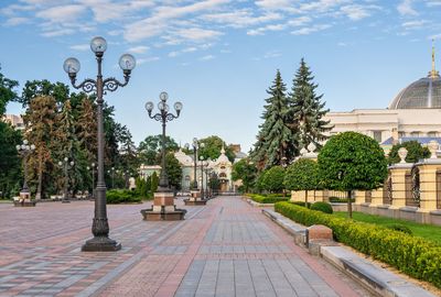 Constitution square near the supreme council of ukraine in kyiv, ukraine, on a sunny summer morning