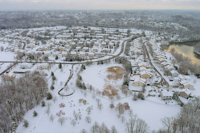 High angle view of cityscape during winter