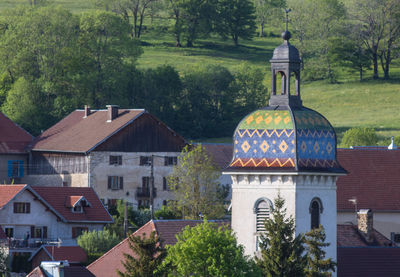 Comtois bell tower with glazed tiles aubonne in the doubs department in franche comté