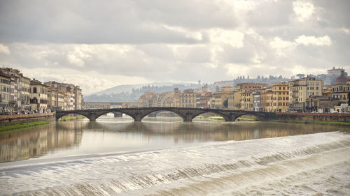 Bridge over river by buildings against sky