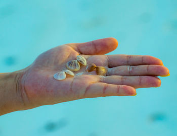 Close-up of man holding hand against blue sky