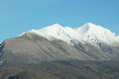 Scenic view of mountains against clear blue sky